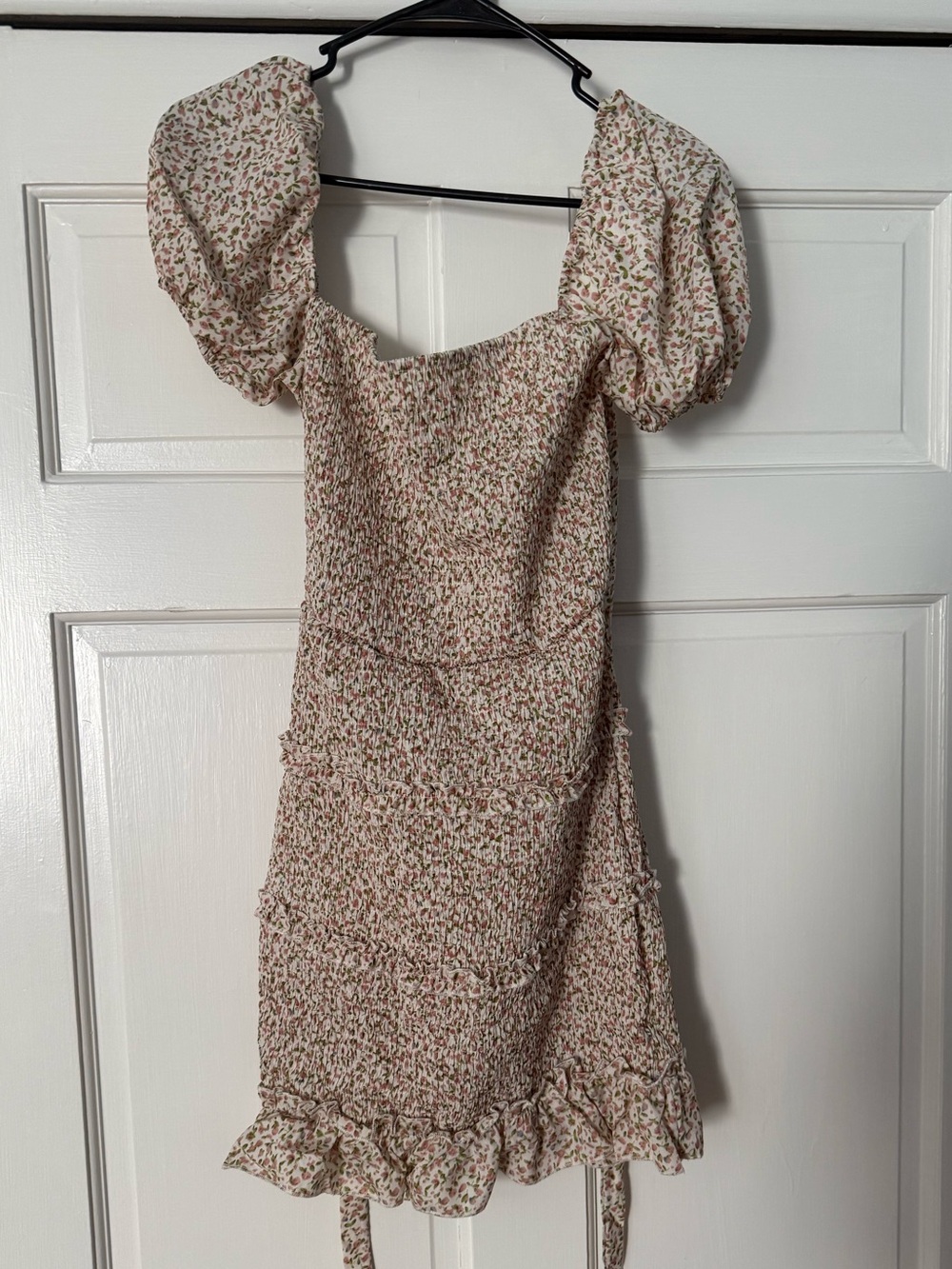 Chic Me Tan & Pink Floral Puff-Sleeve Smocked Mini Dress